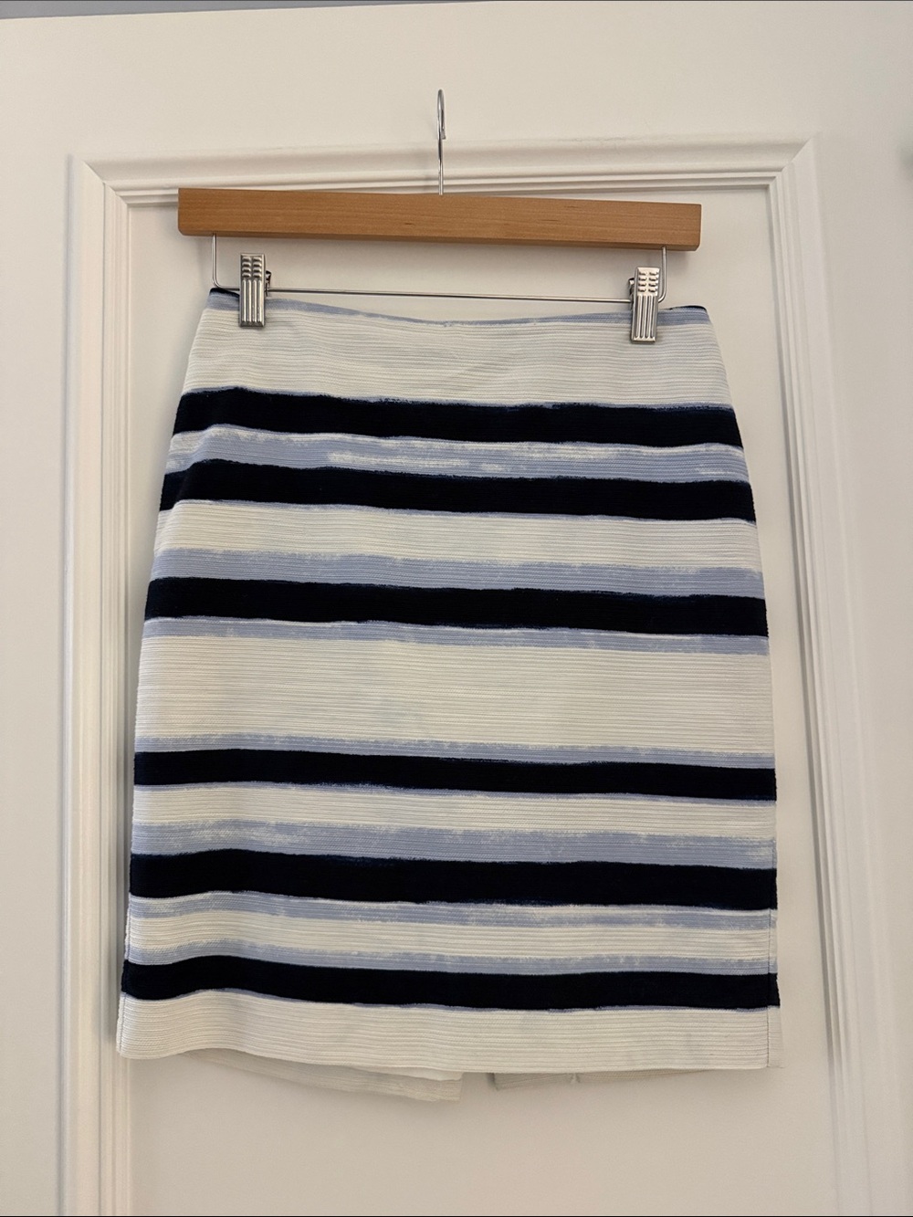 Ann Taylor Factory Navy, Light Blue and White Striped Pencil Skirt